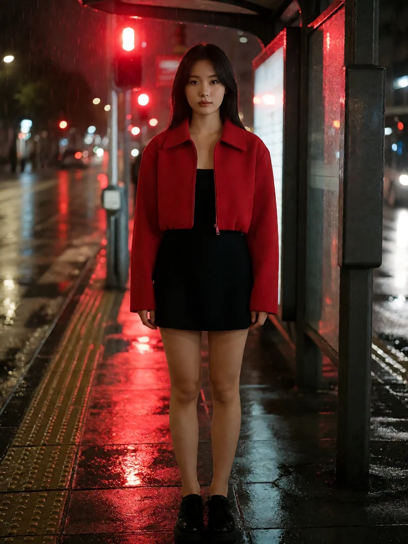 虚构成年女性穿红色短外套和黑色短裙居中站在雨后街角