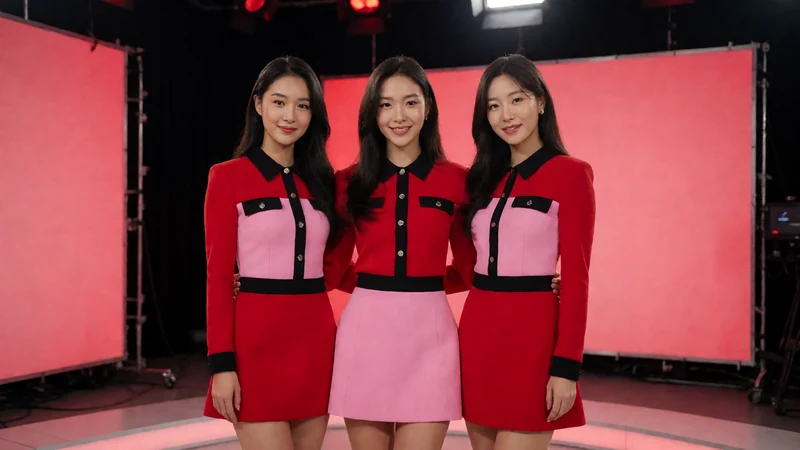 三名虚构成年女性穿红粉色女团风舞台服居中站在电视演播厅