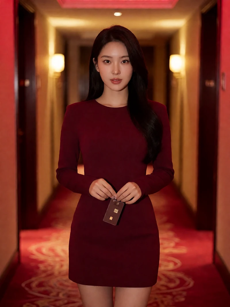 虚构成年女性穿酒红色修身短裙居中站在酒店走廊手持房卡